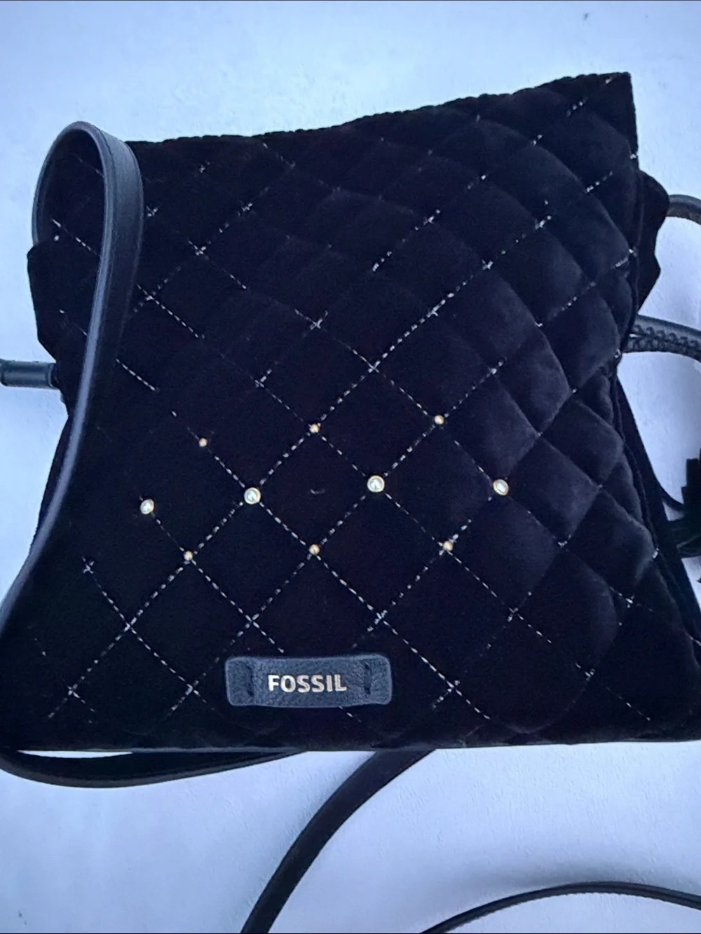 Fossil Black Quilted Velvet Crossbody with Stud Accents